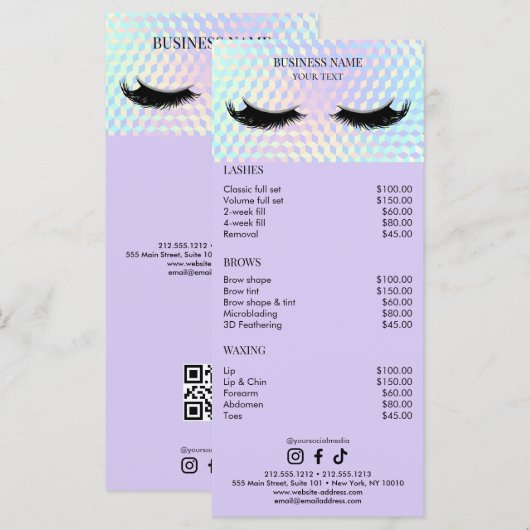 Menu Holographic Lashes Salon Price List (Devant / Derrière)