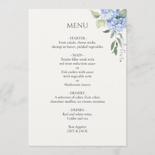 Menu Hors blanc | Elégant Mariage bleu beige Hydrangea (Devant)