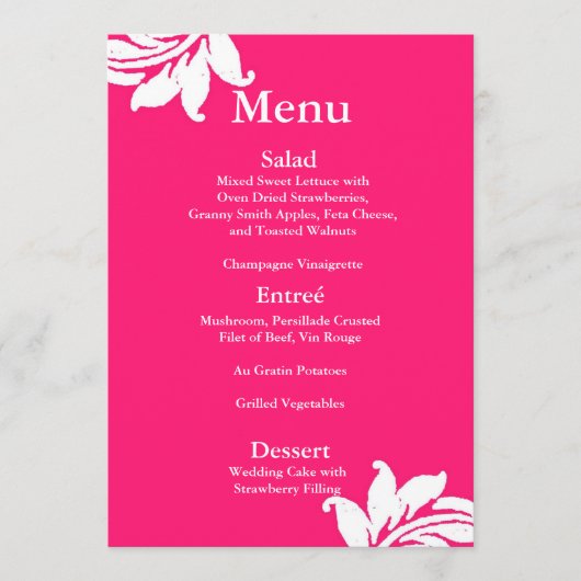 Menu Hot-Pink Damask Weddenschap (Voorkant)