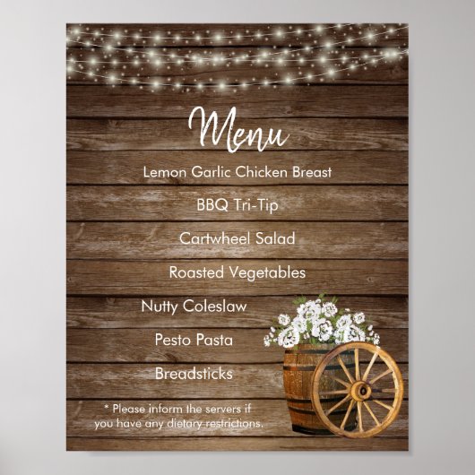 Menu - Houtsvat met Witte Bloemen Poster (Voorkant)
