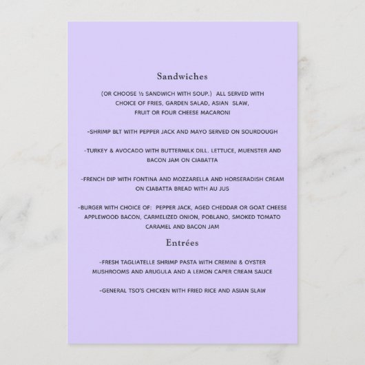 Menu Hydrangea Blue et Lavender Mariage clair (Dos)
