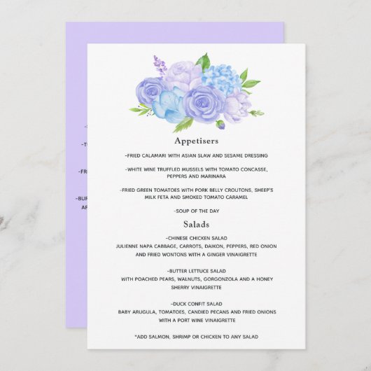 Menu Hydrangea Blue et Lavender Mariage clair (Devant / Derrière)