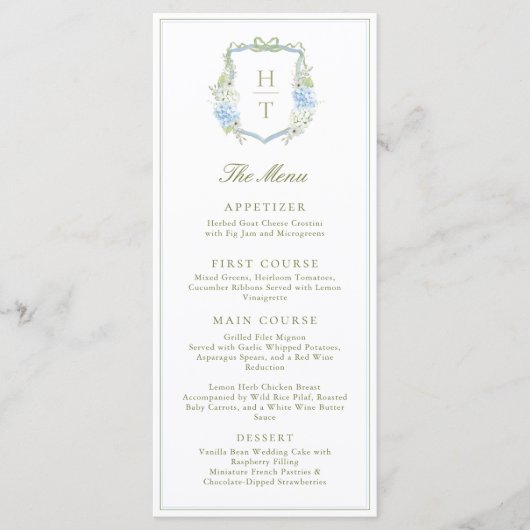 Menu Hydrangea Blue Floral Crest Wedding (Devant)