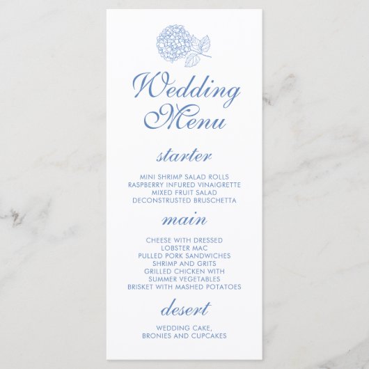 Menu Hydrangea Dusty Blue Floral Mariage moderne (Devant)