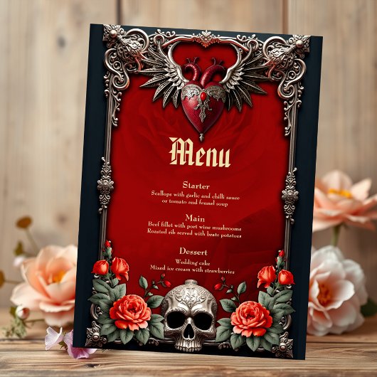 Menu Icône gothique romantique : coeur, rose, crâne.