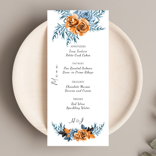 Menu Indigo Rust Boho Floral Aquarelle Mariage