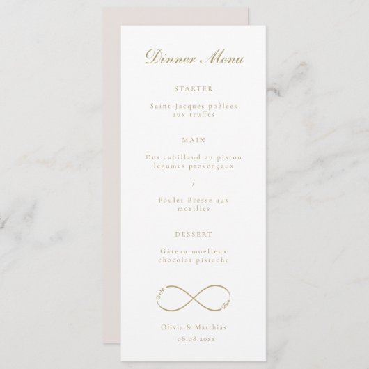 Menu Infinity Love Monogram Gold White Mariage Dîner (Devant / Derrière)