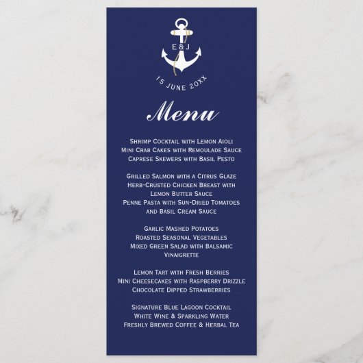 Menu Initiales de mariage nautique d'ancre élégante (Devant)