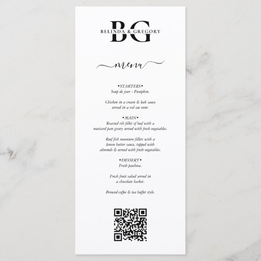 Menu Initiales de monogramme blanc et noir Mariage de c (Devant)