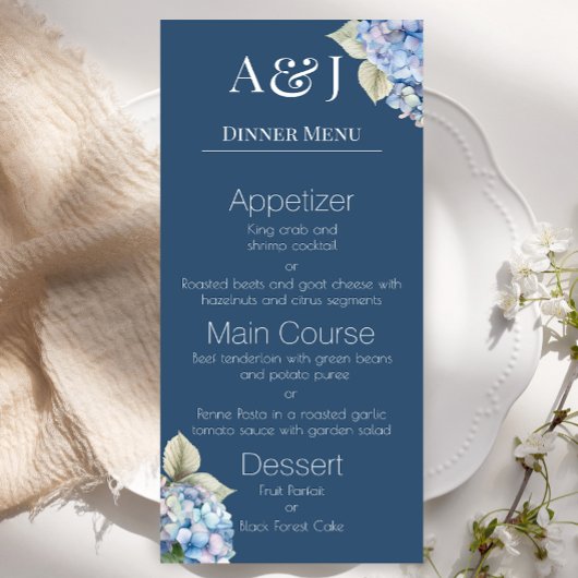 Menu Initiales de monogramme Fleurs d'hortensia bleues