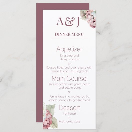 Menu Initiales monogrammes rose et blanc Fleurs d'hydra (Devant / Derrière)