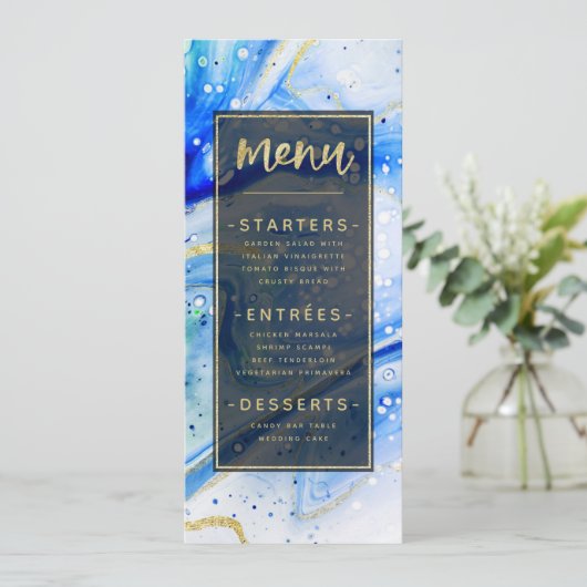 Menu Inky Splash Blue Marble avec feuille d'or Dîner (Debout devant)