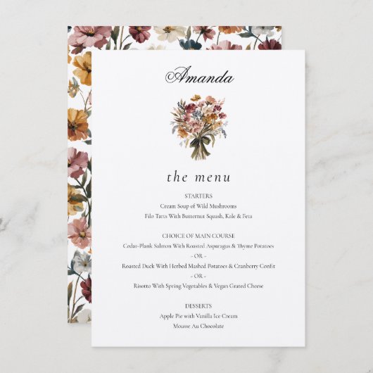 Menu Invité personnalisé Nom d'automne Fleurs Mariage (Devant / Derrière)