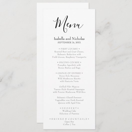 Menu Isabella Simple moderne Noir Calligraphie Mariage (Devant / Derrière)