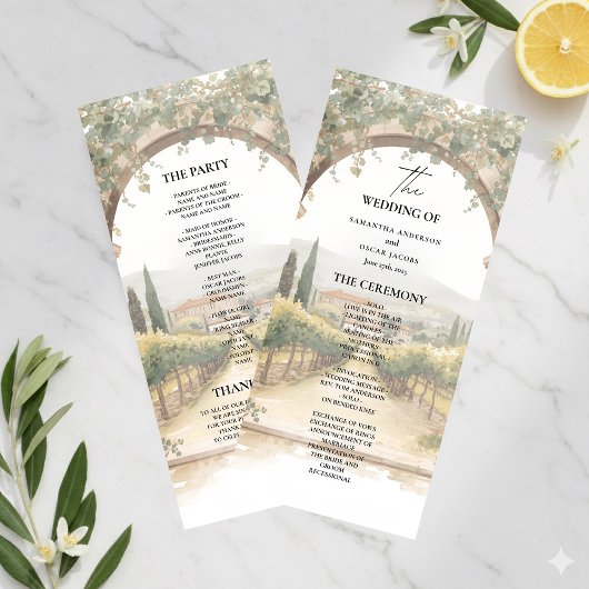Menu Italian Vineyard Wedding Program | Tuscan Arch 