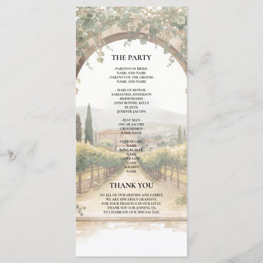 Menu Italian Vineyard Wedding Program | Tuscan Arch  (Dos)