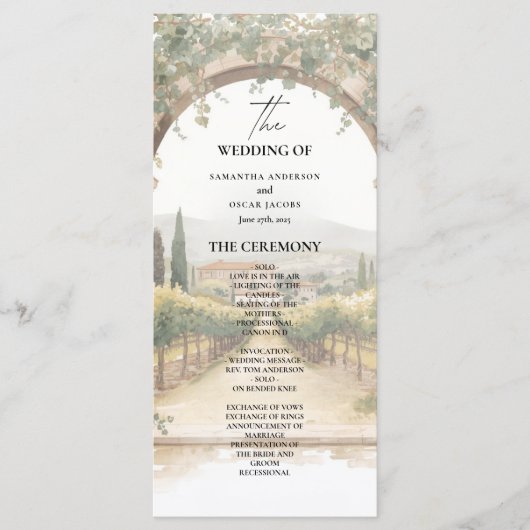 Menu Italian Vineyard Wedding Program | Tuscan Arch  (Devant)