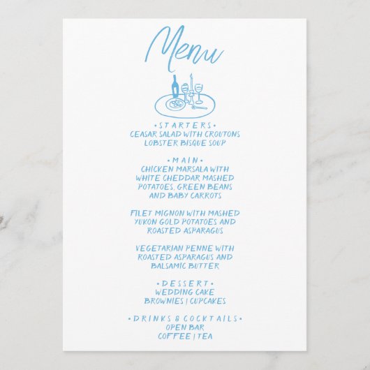 Menu Italie Bleu manuscrit dessiné Mariage méditerranée (Devant)