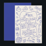 Menu italien dessiné à la main bleu et crème<br><div class="desc">Rehaussez votre réception de mariage avec cette carte de menu illustrée. Comportant des icônes de nourriture dessinées à la main et un design classique, cette carte de menu personnalisable ajoute une touche charmante à votre jour spécial. Parfaite pour mettre en valeur votre menu soigneusement sélectionné, cette carte est à la...</div>