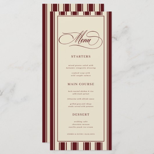 Menu Ivory & Burgundy Stripes Border Retro Wedding (Devant / Derrière)