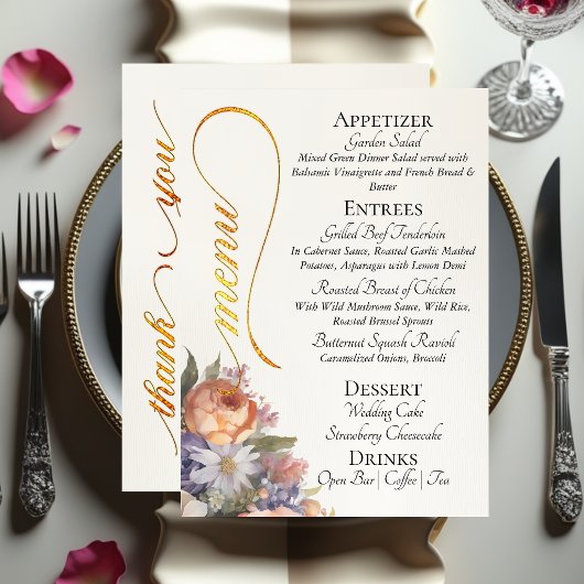 Menu Ivory - Monogram, Wildflowers & Thank You 
