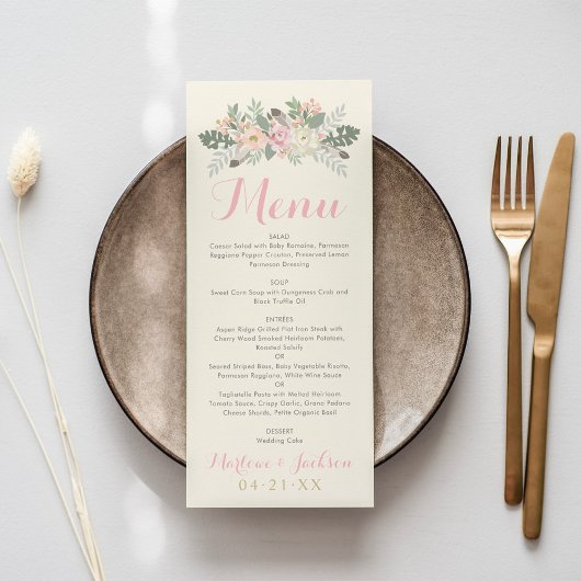 Menu Ivory Rose et Or Floral Boho Mariage Dîner