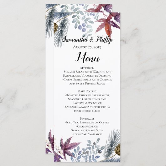 Menu japonais Mariage d'aquarelle florale d'érable (Devant / Derrière)