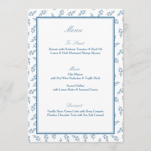 Menu Jardin Bleu intemporel Élégant Vieux Mariage d'arg (Devant)