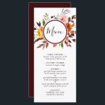 Menu Jardin d'automne Marsala Mariage d'aquarelle<br><div class="desc">Ce menu mariage est composé de fleurs d'aquarelle jaune,  rose rousse,  orange,  et de feuilles verts,  bordeaux et marron avec cadre circulaire. Il est parfait pour un automne mariage ou des événements similaires.</div>