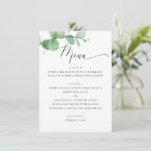 Menu Jardin de mariage à la verdure d'eucalyptus. Écrit (Debout devant)