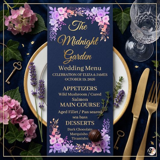 Menu Jardin de Minuit Mariage Navy Bleu et Or Script