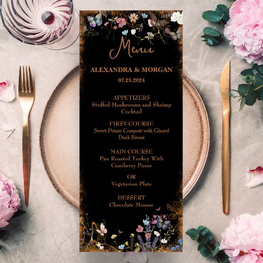 Menu Jardin du papillon noir floral Boho