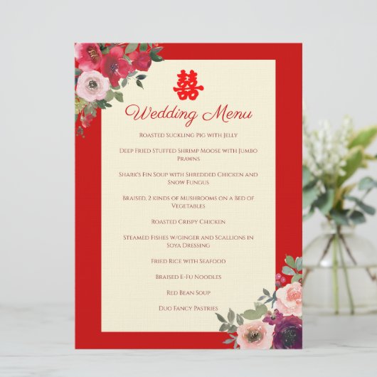 Menu Jardin fleuri rouge mariage chinois (Debout devant)