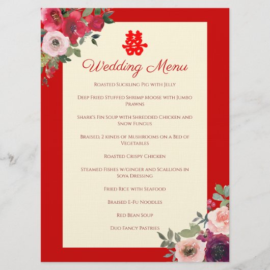 Menu Jardin fleuri rouge mariage chinois (Devant)