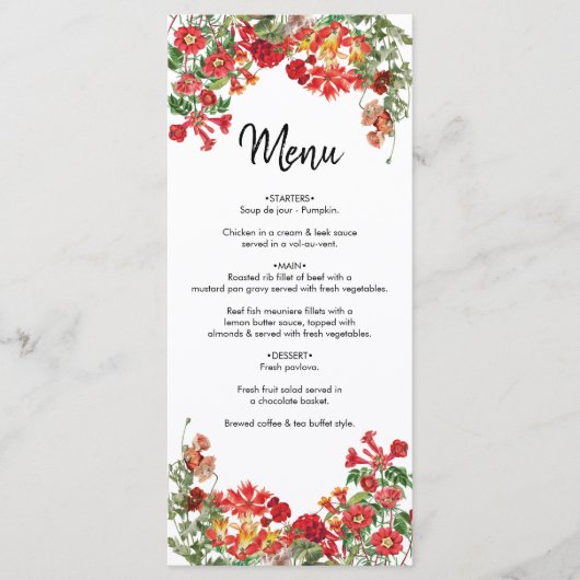 Menu Jardin Floral Rouge Mariage de fleurs botaniques (Devant)