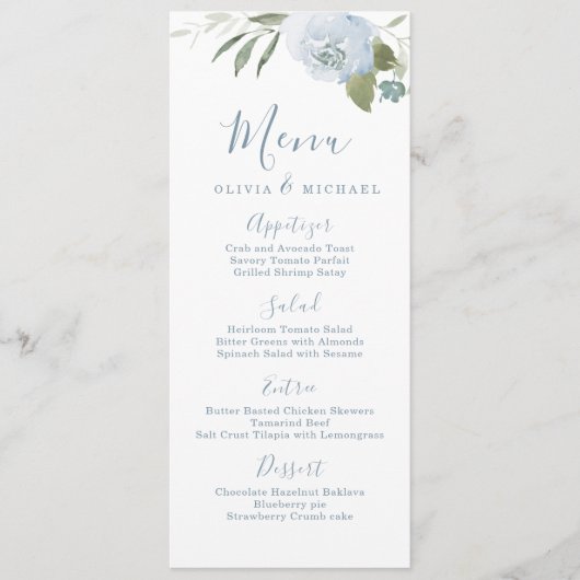 Menu Jardin romantique mariage floral bleu poussiéreux (Devant)