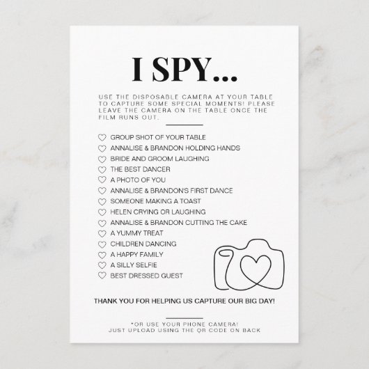 Menu J'espionne jeu mariage Capturer l'amour photo scav (Dos)
