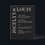 Menu Jocelyn Black Mariage moderne<br><div class="desc">Menu mariage moderne avec un design noir minimaliste avec vos noms dans une grande police le long du côté gauche et du dessus. Cette conception est assez simple pour un mariage officiel tout en faisant une déclaration audacieuse.</div>