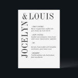 Menu Jocelyn Mariage moderne noir et blanc<br><div class="desc">Menu mariage moderne avec un design minimaliste noir et blanc avec vos noms dans une grande police le long du côté gauche et du dessus. Cette conception est assez simple pour un mariage officiel tout en faisant une déclaration audacieuse.</div>