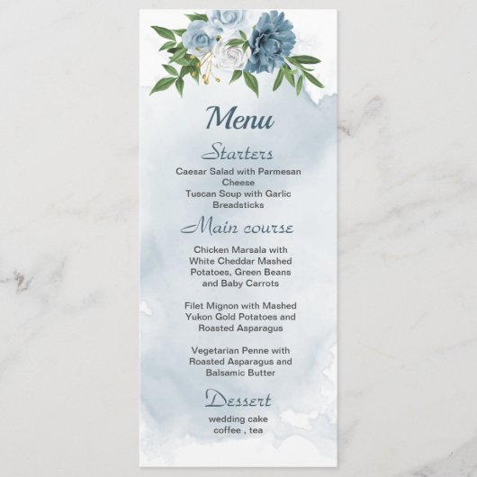 Menu joli bleu blanc fleurs verdure mariage (Devant)