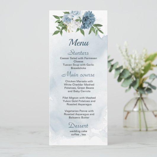 Menu joli bleu blanc fleurs verdure mariage (Debout devant)