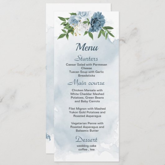 Menu joli bleu blanc fleurs verdure mariage (Devant / Derrière)