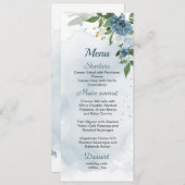 Menu joli bleu blanc fleurs verdure mariage (Devant / Derrière)