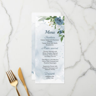 Menu joli bleu blanc fleurs verdure mariage
