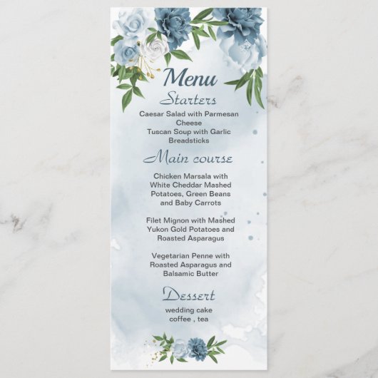 Menu joli bleu blanc fleurs verdure mariage (Devant)