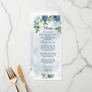 Menu joli bleu blanc fleurs verdure mariage