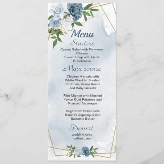 Menu joli bleu blanc fleurs verdure mariage (Devant)