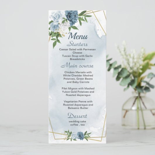 Menu joli bleu blanc fleurs verdure mariage (Debout devant)