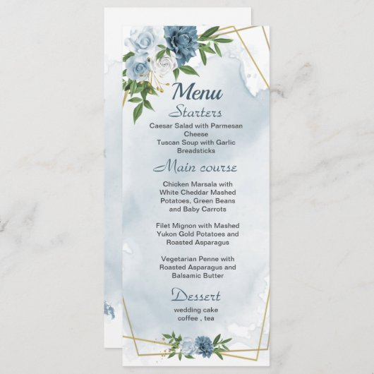 Menu joli bleu blanc fleurs verdure mariage (Devant / Derrière)