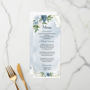 Menu joli bleu blanc fleurs verdure mariage
